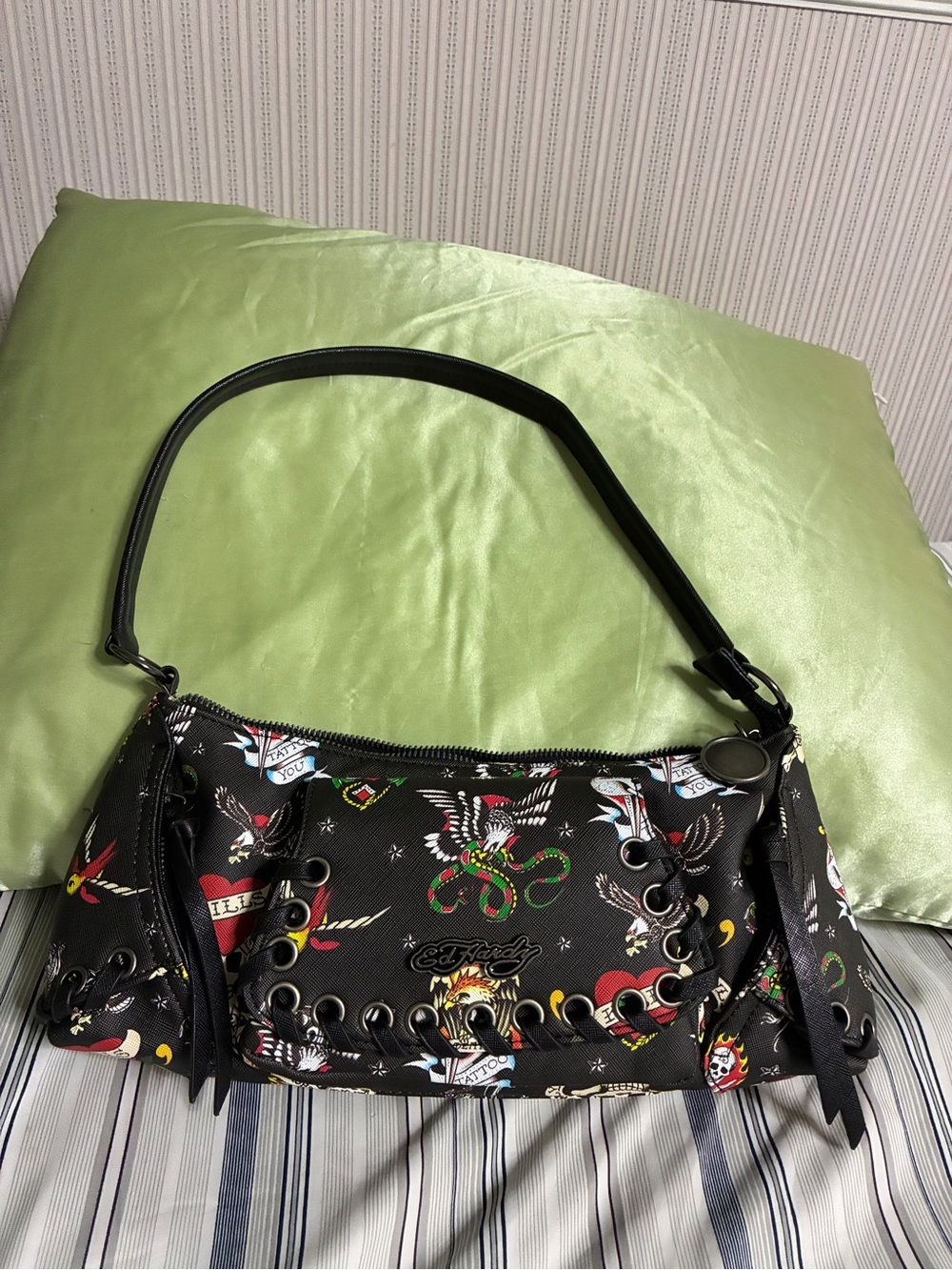 Ed Hardy Black Tattoo-Print Shoulder Bag with Colorful Accents
